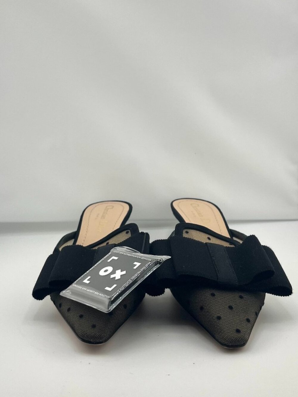 #S46 Christian Dior Polka‑Dot Mesh Bow Mule Heels (Retail $1,680 CAD) Black - Picture 2 of 8